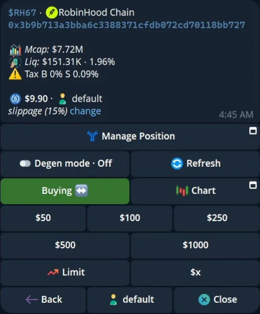 Cove buy panel for a Robinhood Chain token with market cap, liquidity, tax and quick amounts