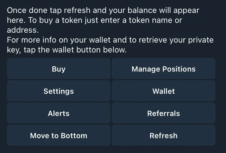 BONKbot Telegram main menu with Buy, Manage Positions, Settings, Wallet, Alerts and Referrals buttons